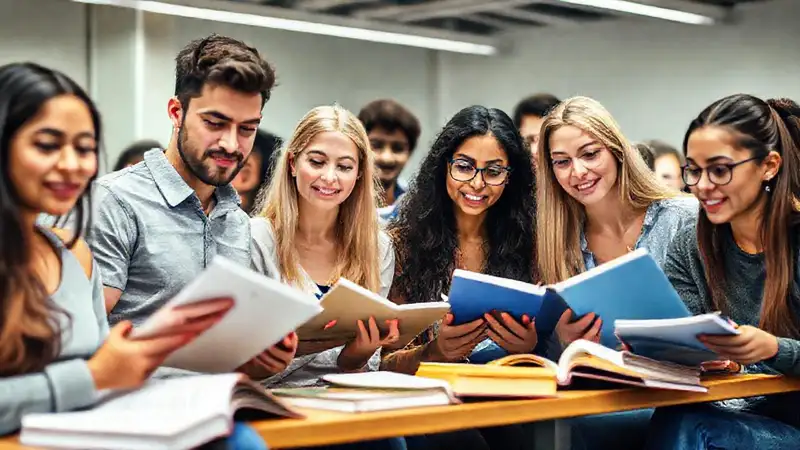 Estudiantes estudiando juntos en aula moderna