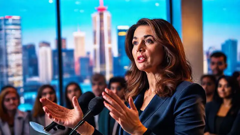 Mujer profesional habla en conferencia con periodistas