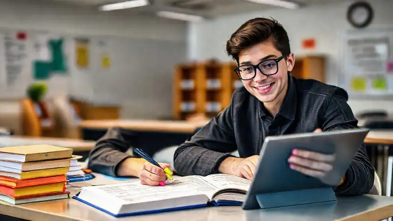 Estudiante estudiando con libros y tecnología