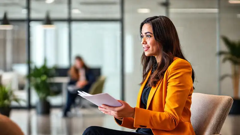 Juventud profesional responde con confianza en entrevista