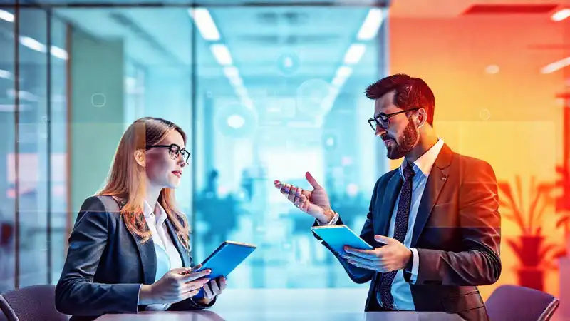 Personas profesionales interactuando con tecnología moderna