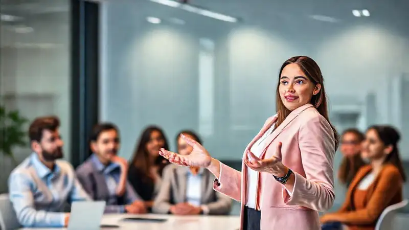 Mujer profesional presenta con confianza en oficina