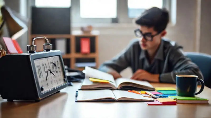 Estudio organizado con notas, luz y café