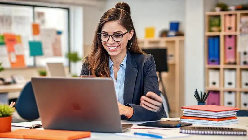 Trabajador social usa tecnología en oficina moderna