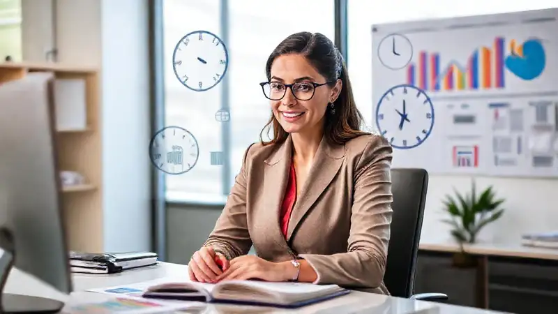 Mujer analizando finanzas y gestión del tiempo