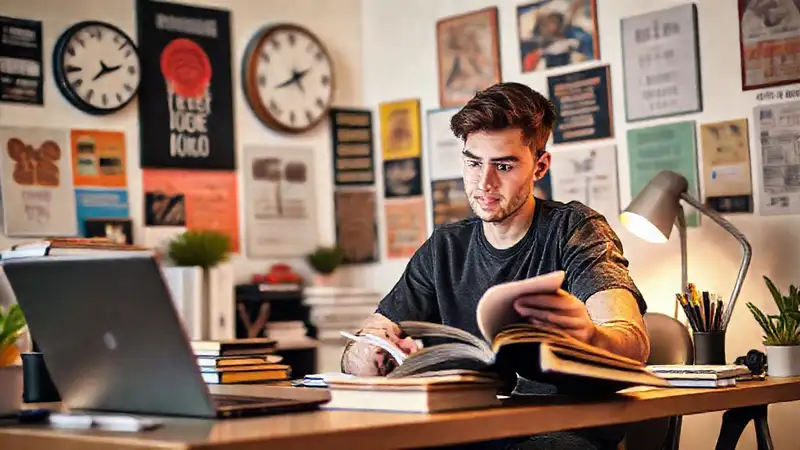 Estudiante estudia en oficina moderna y motivadora