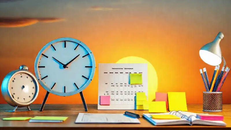 Reloj, calendario y oficina minimalista colorida