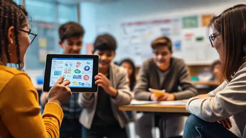 Estudiantes usan tablet en aula colorida y moderna