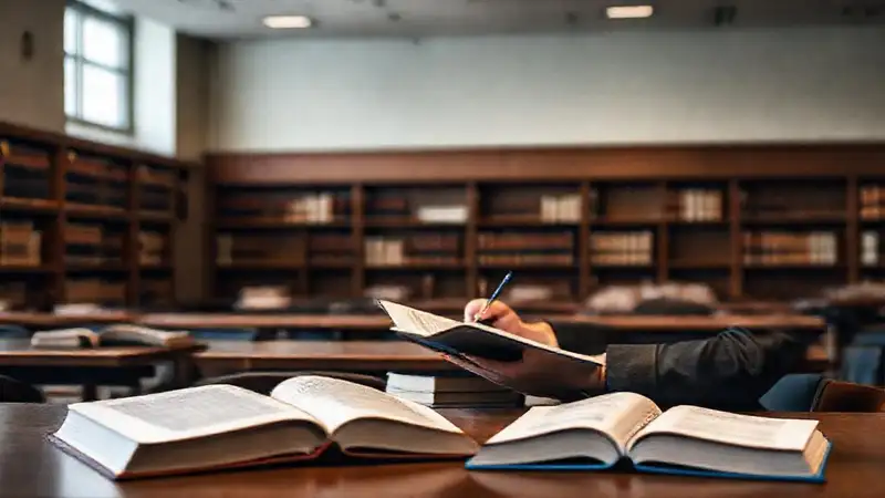 Libros, estudiante, símbolos legales en aula moderna