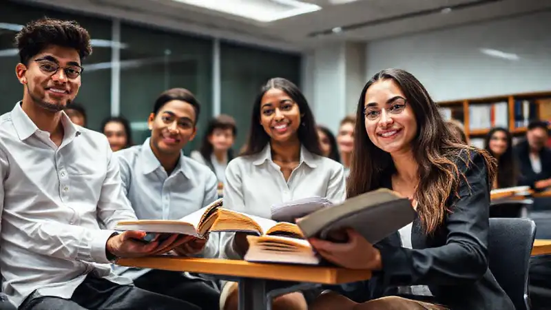Estudiantes de derecho en biblioteca moderna y organizada