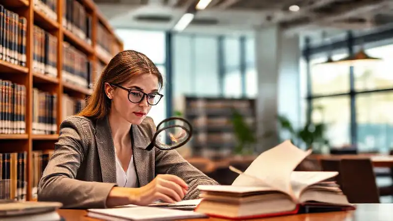 Estudiante revisa documentos legales con lupa