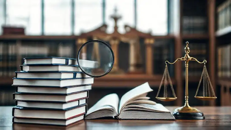 Libros jurídicos, balanza y herramientas digitales