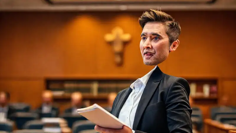 Estudiante confiado en un entorno legal profesional
