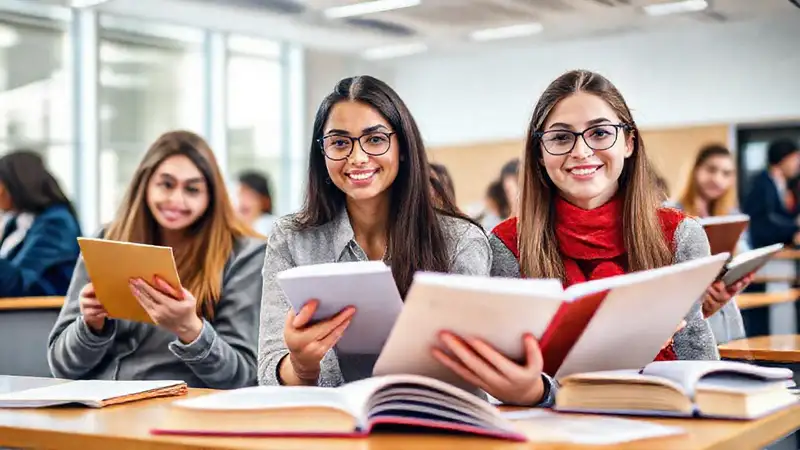 Estudiantes en aula brillante, confiados y enfocados