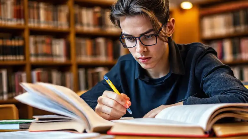 Estudiante estudia en biblioteca con libros y útiles