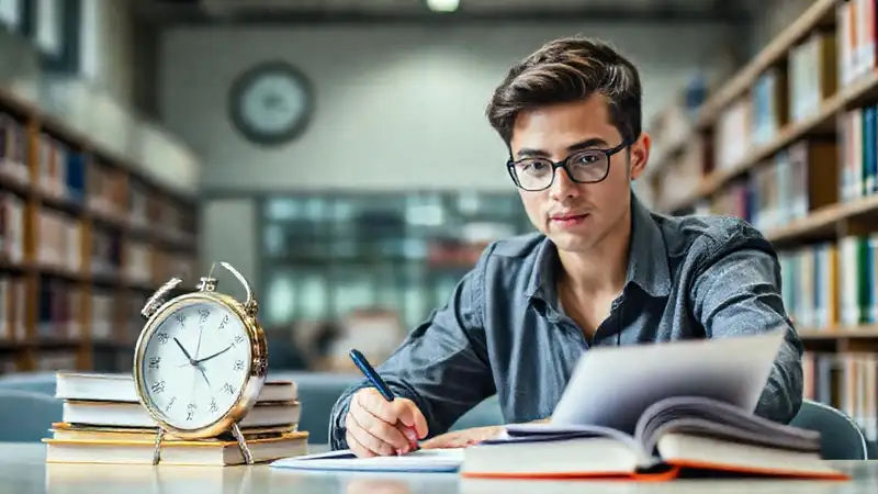 Estudiante estudia en biblioteca moderna organizada