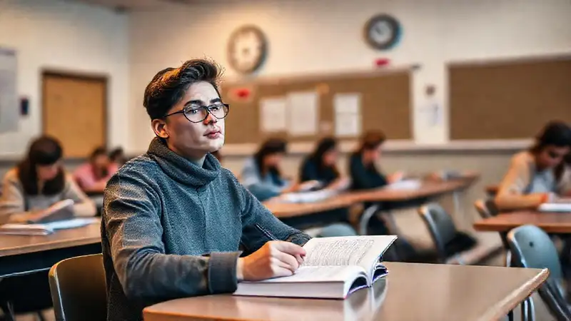 Estudiante en examen en aula moderna tranquila