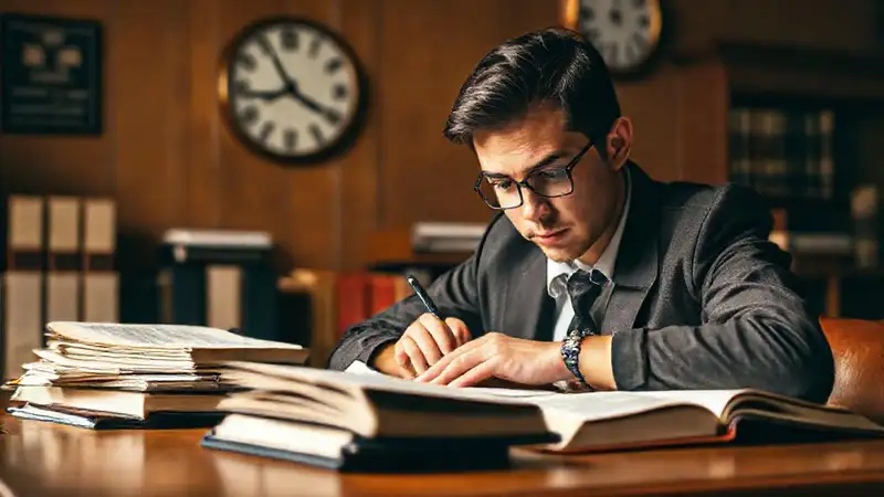 Estudiante estudiando Derecho en ambiente organizado