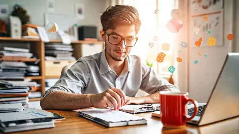 Estudiante estudiando finanzas con múltiples recursos