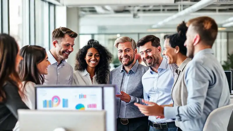 Equipo diverso colabora en oficina moderna