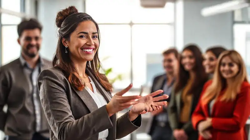 Mujer profesional presenta con confianza en oficina