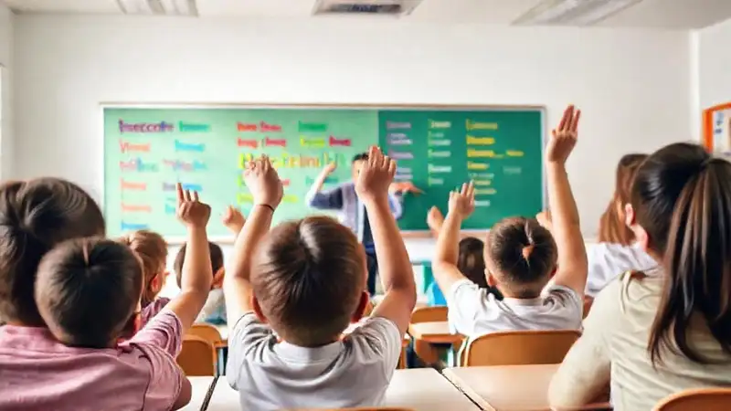 Aula colorida con estudiantes y vocabulario vibrante