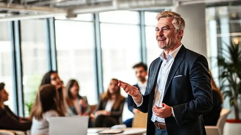 Orador confiado inspira equipo en oficina moderna