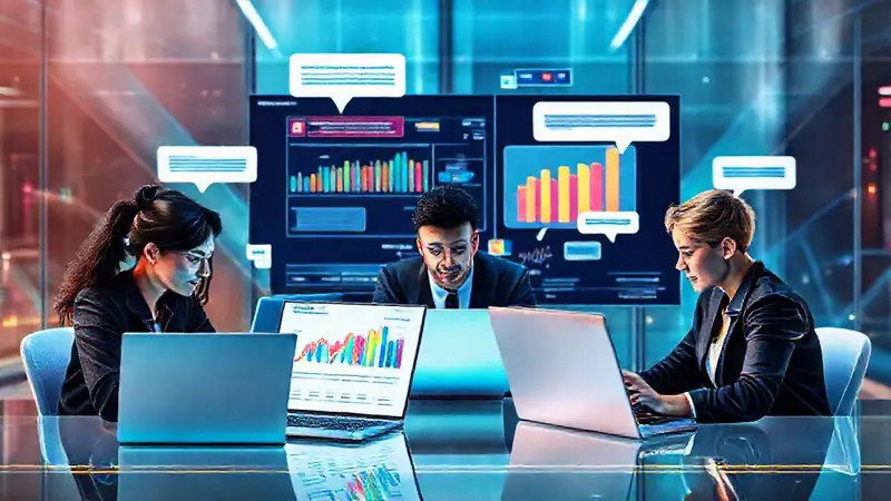Profesionales colaborando en interfaz digital moderna