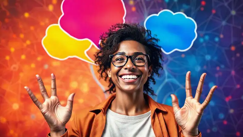 Persona segura, sonriente, pensamientos coloridos y expresivos