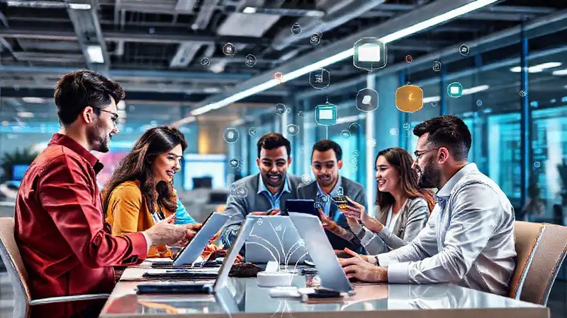 Oficina moderna, equipo diverso, tecnología avanzada
