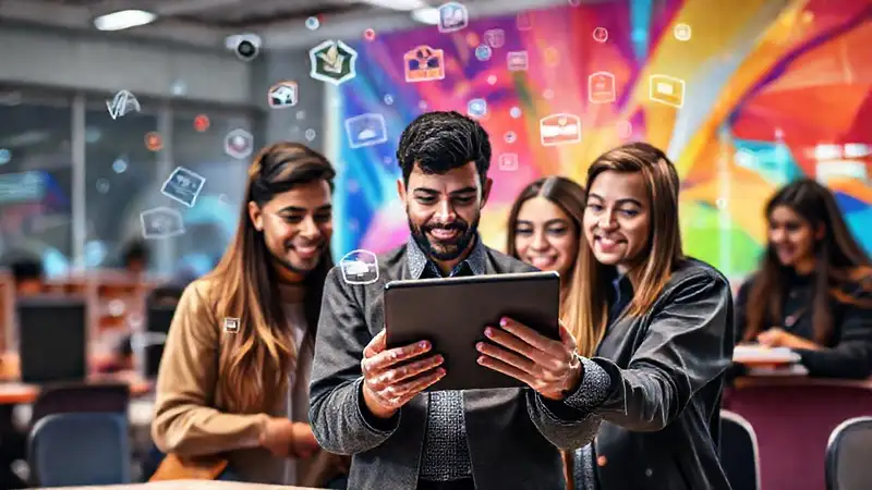 Estudiantes usan tablet en aula moderna digital