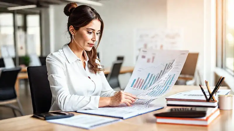Mujer de negocios analizando gráficos financieros