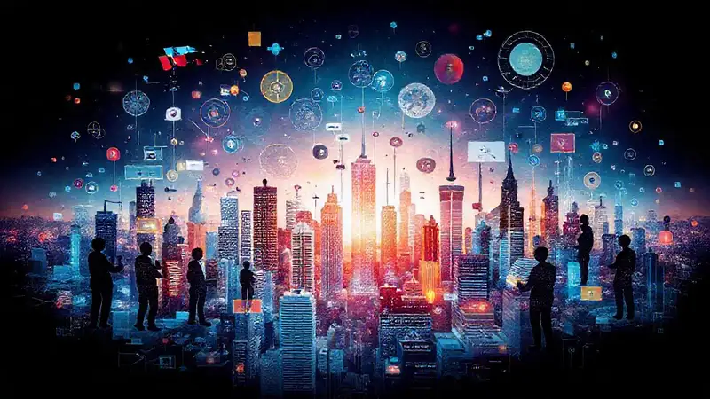 Colaje creativo con profesionales en ciudad futurista