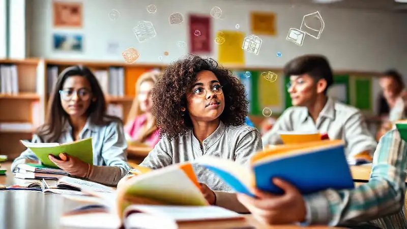 Estudiante elige en aula colorida y moderna