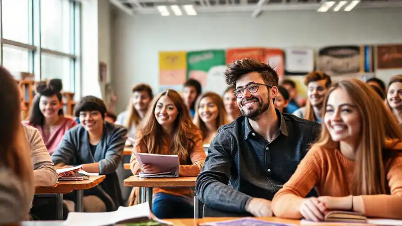 Estudiantes en aula moderna y optimista