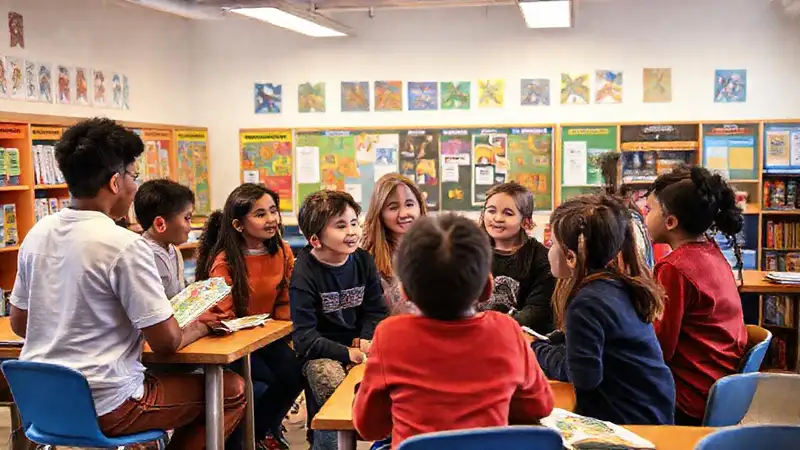 Estudiantes colaboran en aula colorida y moderna