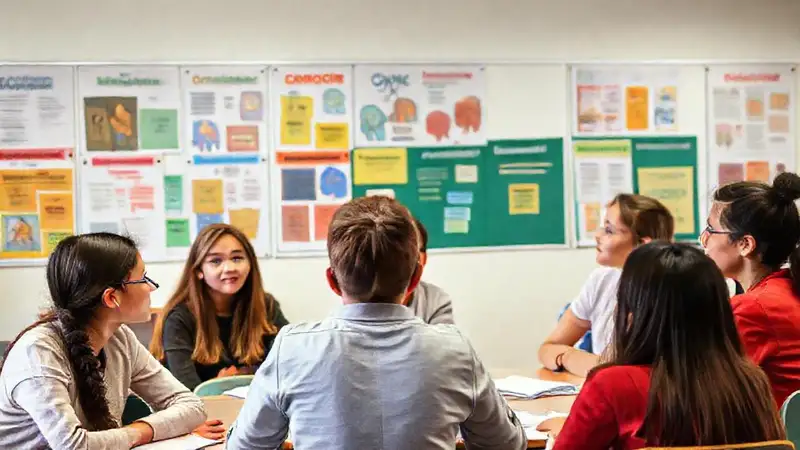 Estudiantes discuten temas sociales en aula moderna