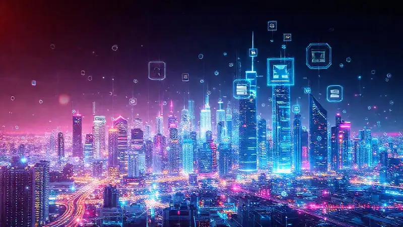 Ciudad futurista con datos holográficos y neón