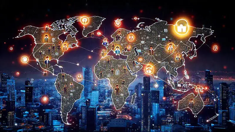 Mapa mundial con símbolos financieros y conexiones globales