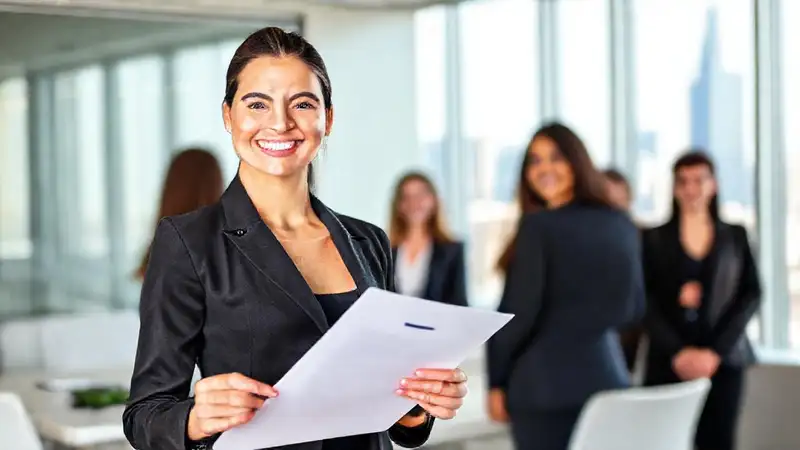 Mujer profesional con orgullo en oficina moderna