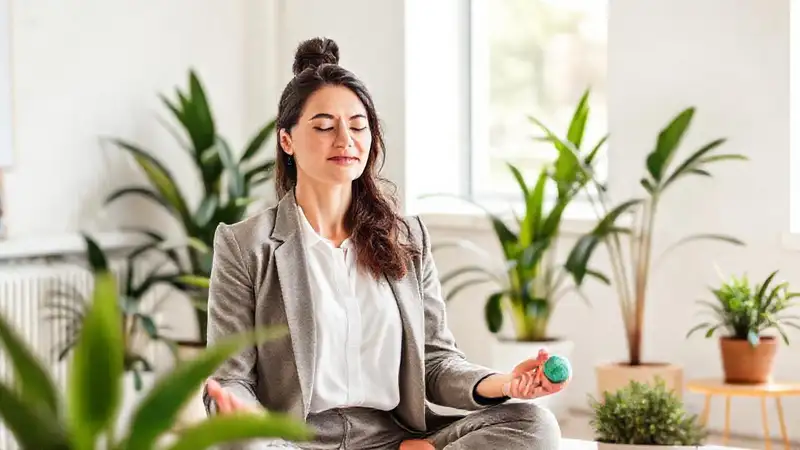 Abogado meditando en oficina tranquila y moderna