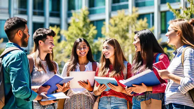 Estudiantes universitarios estudiando y conversando felices