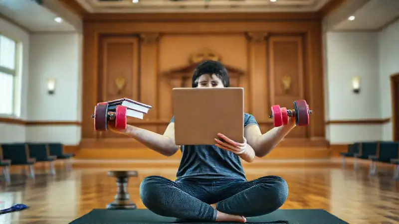 Estudiante equilibrando estudio, ejercicio y bienestar