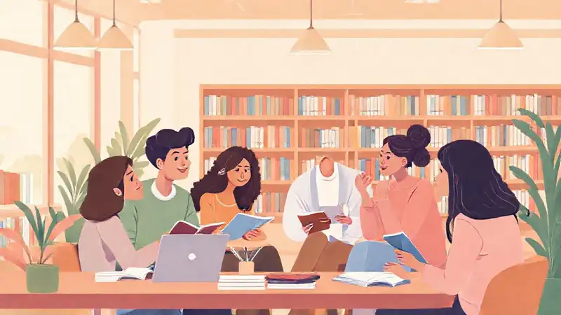Estudiantes y consejero en biblioteca acogedora