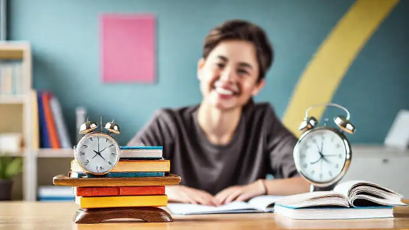 Estudiante motivado estudiando en un ambiente colorido