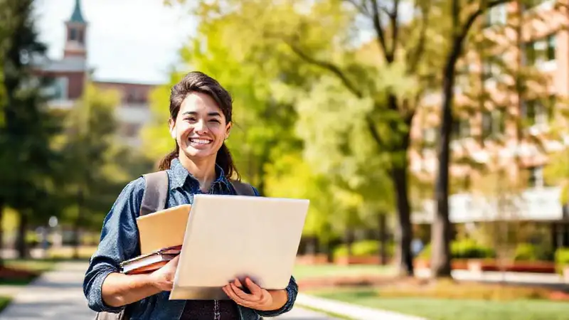 Estudiante universitario optimista en campus soleado