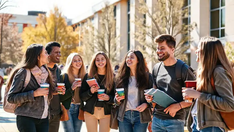 Estudiantes diversos socializando en campus soleado