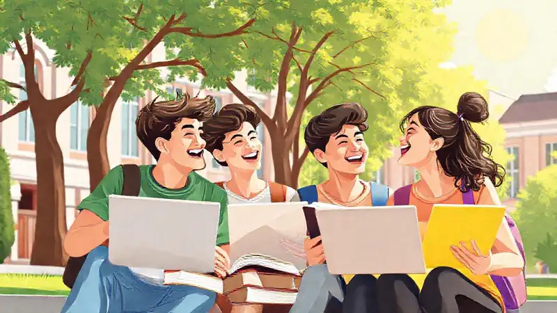 Estudiantes felices en campus universitario soleado