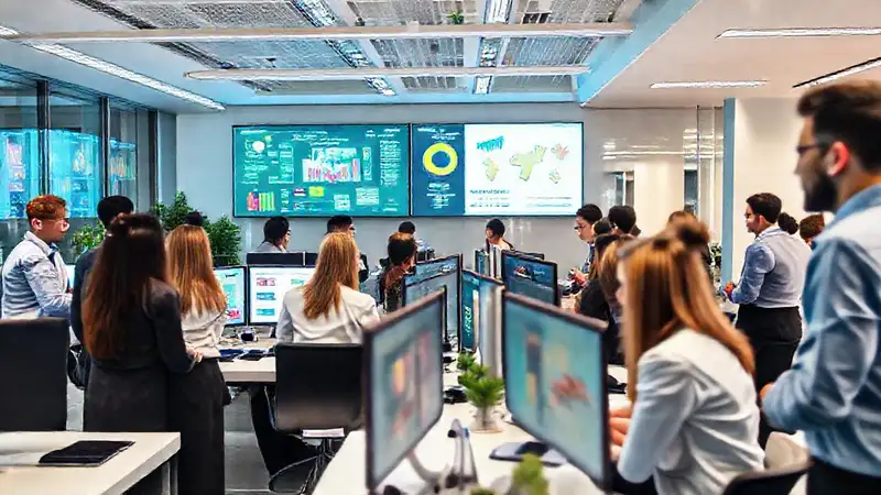 Oficina moderna, colaboración, tecnología y dinamismo