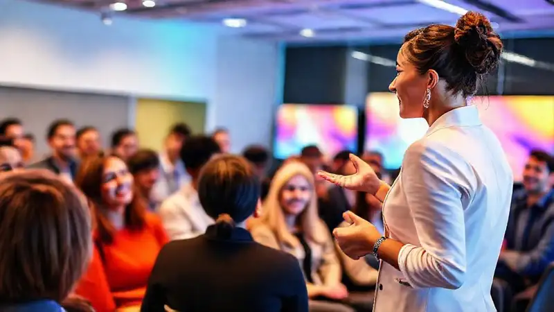 Mujer profesional presenta con confianza en audiencia